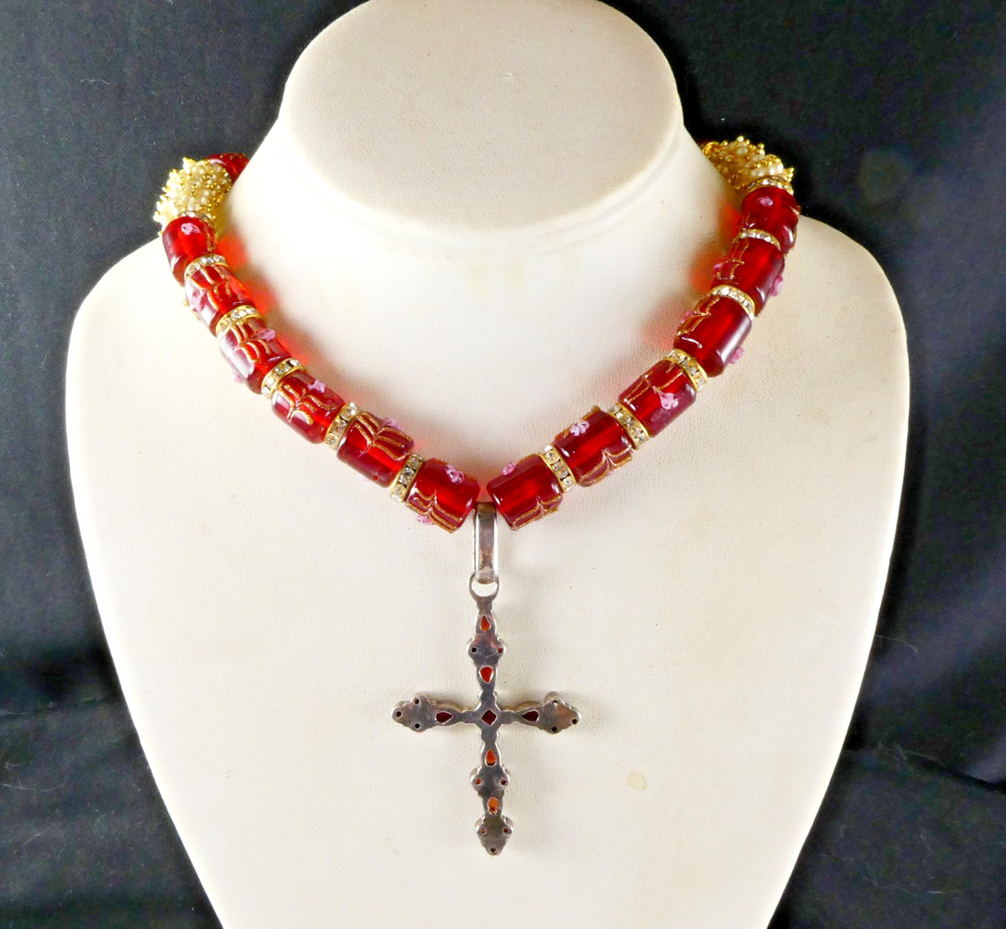 Sterling Silver Garnet Cross Pendant Necklace Red Glass Barrel Beads Crystals