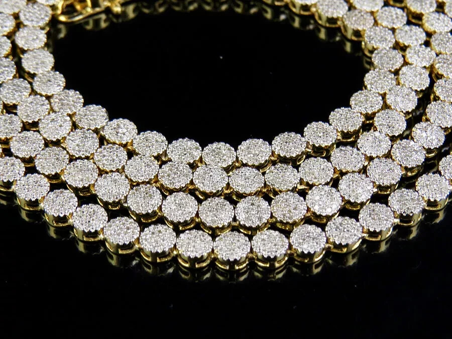 Mens 10K Yellow Gold 1 Row Cluster 7 CT. Natural Diamond Chain Necklace 30″in