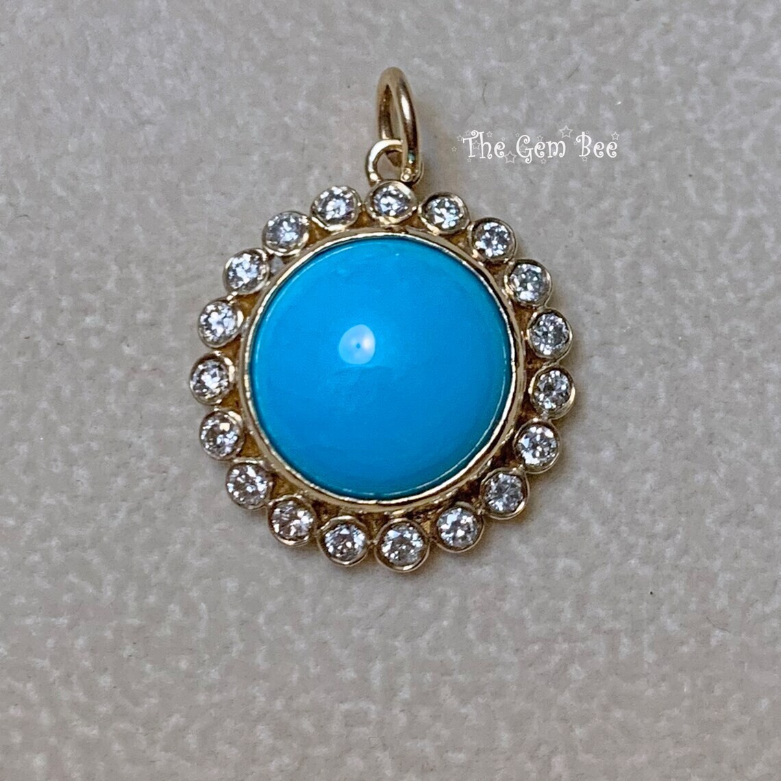 16mm 14K Yellow Gold Diamond Sleeping Beauty Turquoise Round Pendant Charm
