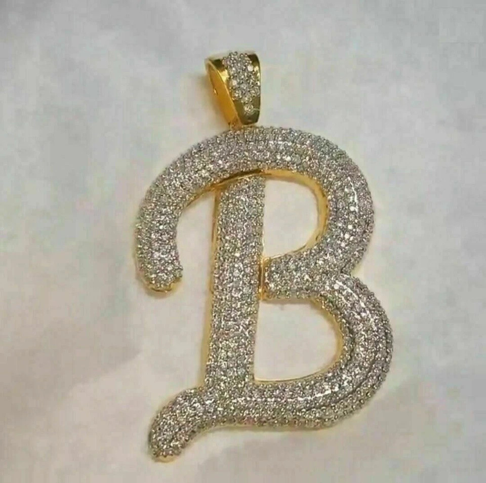 3Ct Round Moissanite Custom Letter “B” Charm Pendant Real 10K Yellow Gold