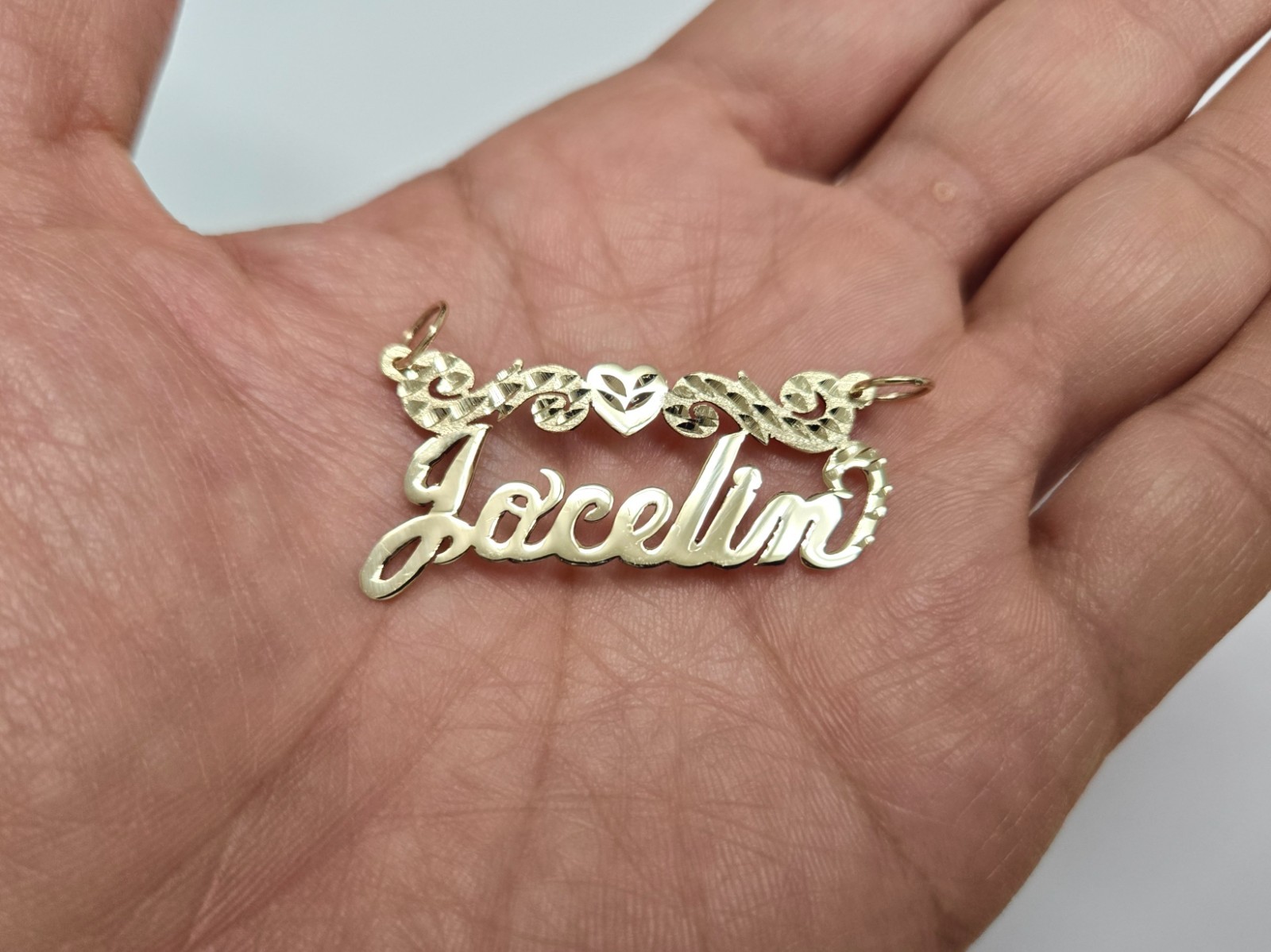 10K Solid Yellow Gold Personalized Cursive Name Pendant w/ Heart & Swirls D/C