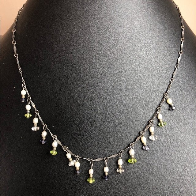 B2229 Sterling Silver Peridot Iolite Pearl Dangle Drop Fringe Necklace 16-20″