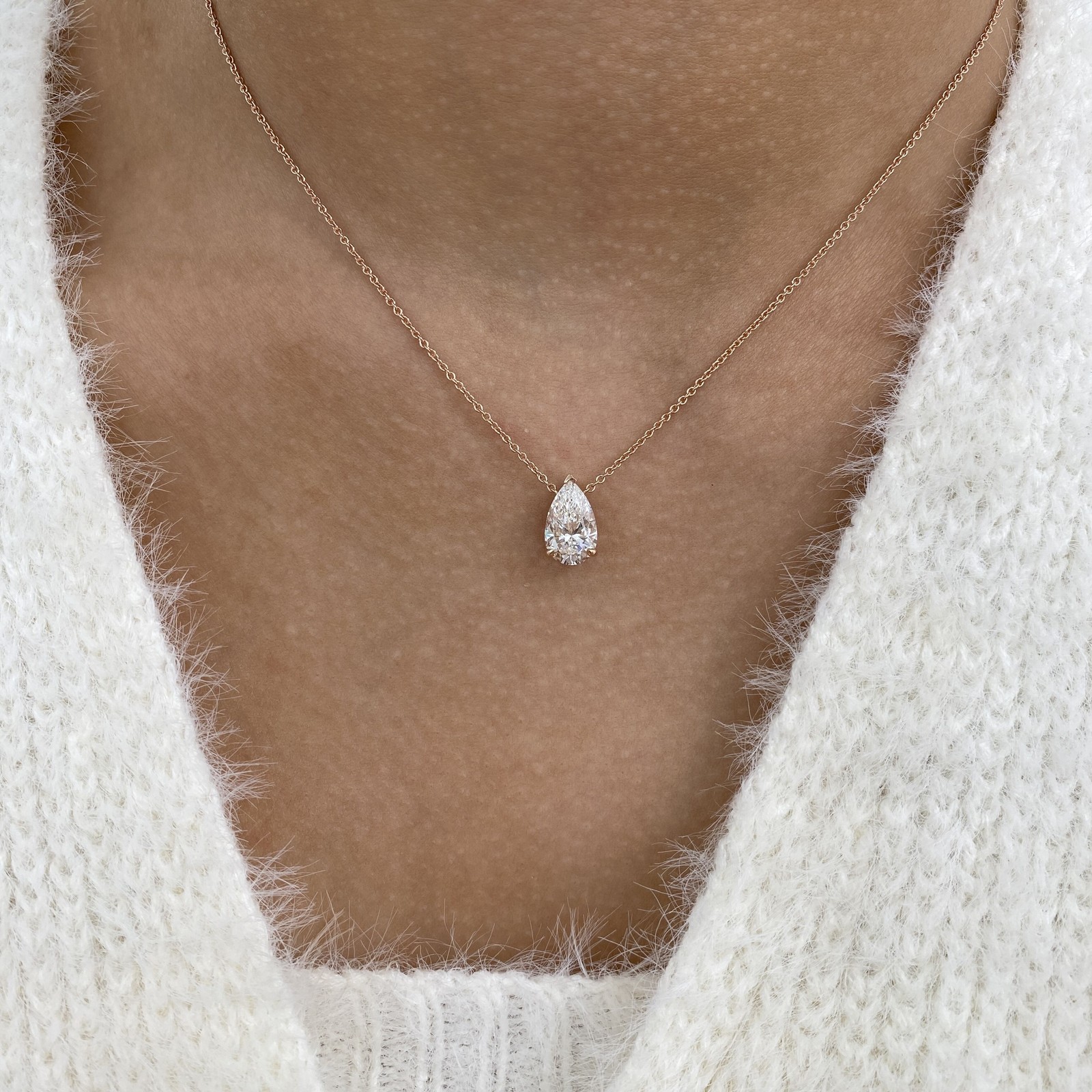 2ct Pear Pendant Necklace Rose Gold 14K Labcreated Diamond E/VVS2 Cert