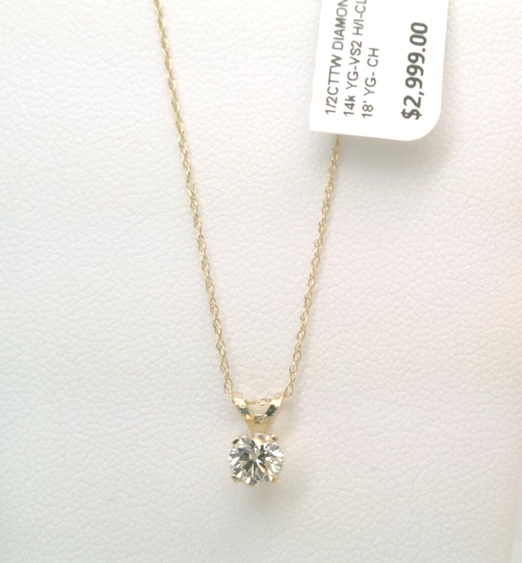 $3000 REAL GENUINE Diamond SOLITAIRE PENDANT NECKLACE 14k yellow Gold SOLID! 18′