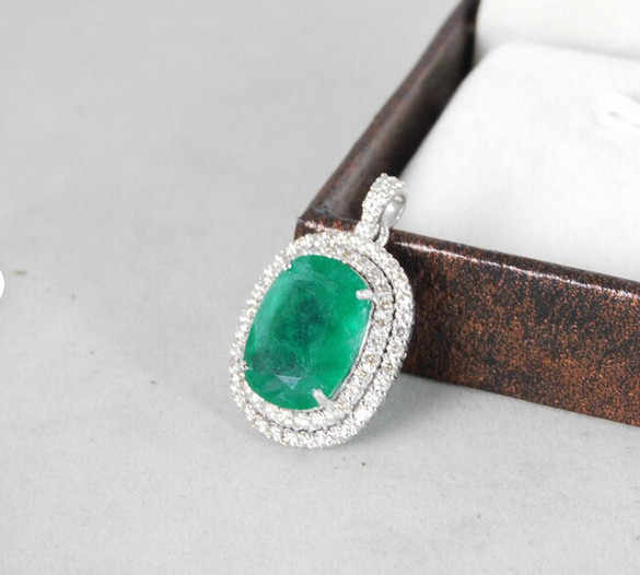 Features Lab-Created 10.01CT Green Emerald & White Diamonds Double Halo Pendant