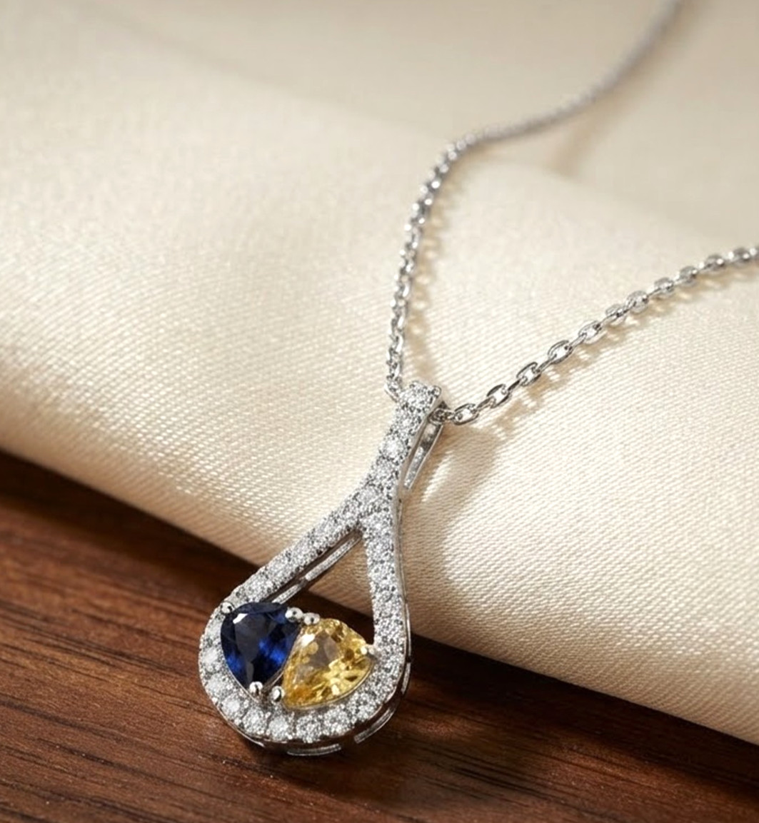 0.56ct Natural Round Diamond 14k BIS Hallmarked WhiteGold Sapphire Topaz Pendant