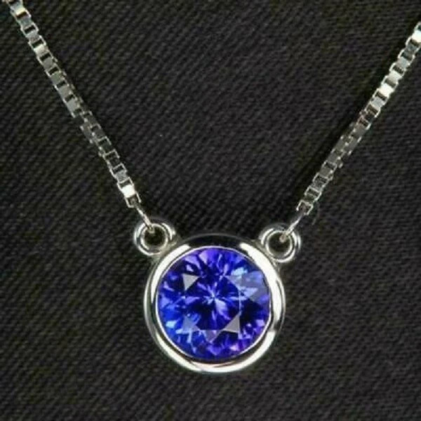 1.50Ct Round Simulated Tanzanite Bezel Pendant 14K White Gold Finish Free Chain