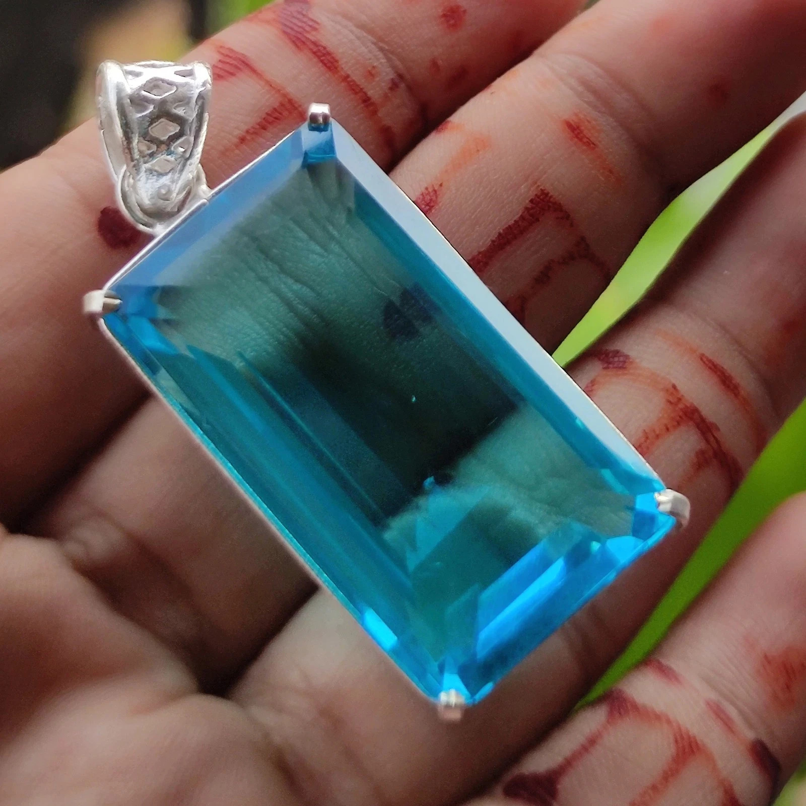 Share Natural 72 Ct Emerald Shape Blue Topaz Pendant 925 Sterling Silver