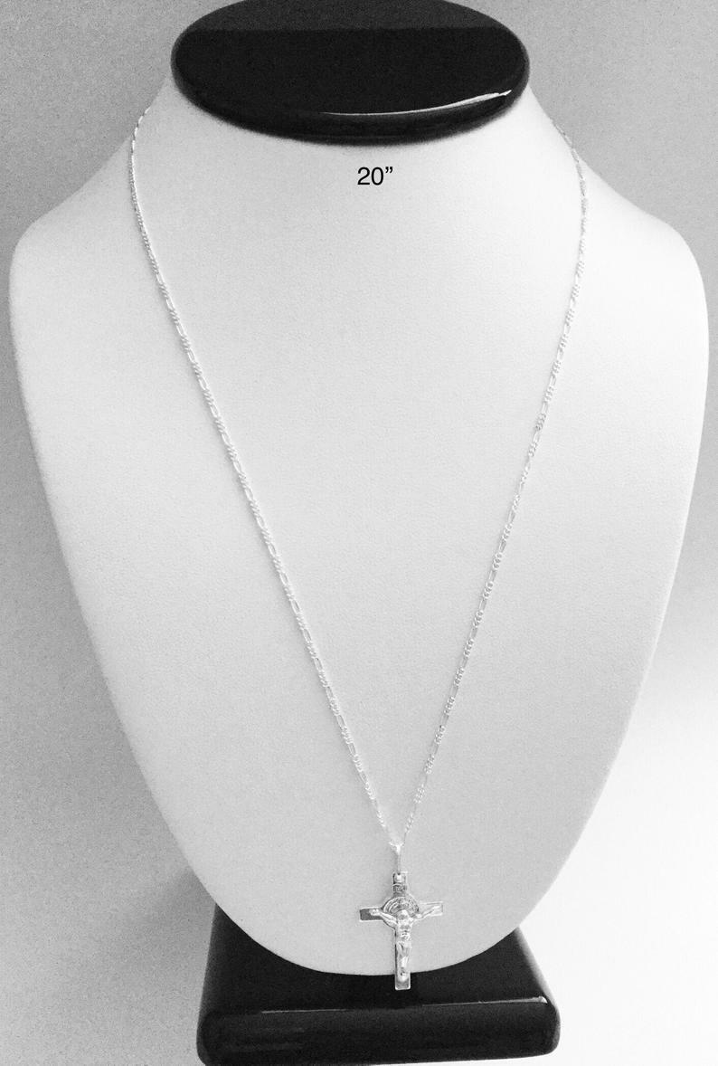 925 Silver Saint Benedict Cross Necklace 20″/Cadena San Benito Cruz plata- ESP14
