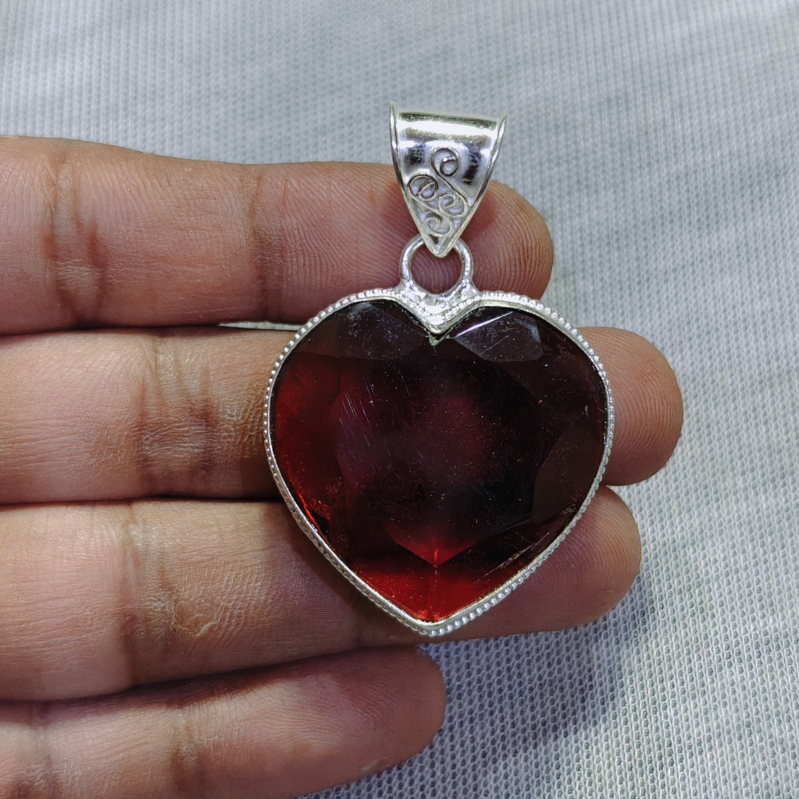 Red Garnet Quartz Gemstone Pendant Handmade Sterling Silver Heart Cut Pendant