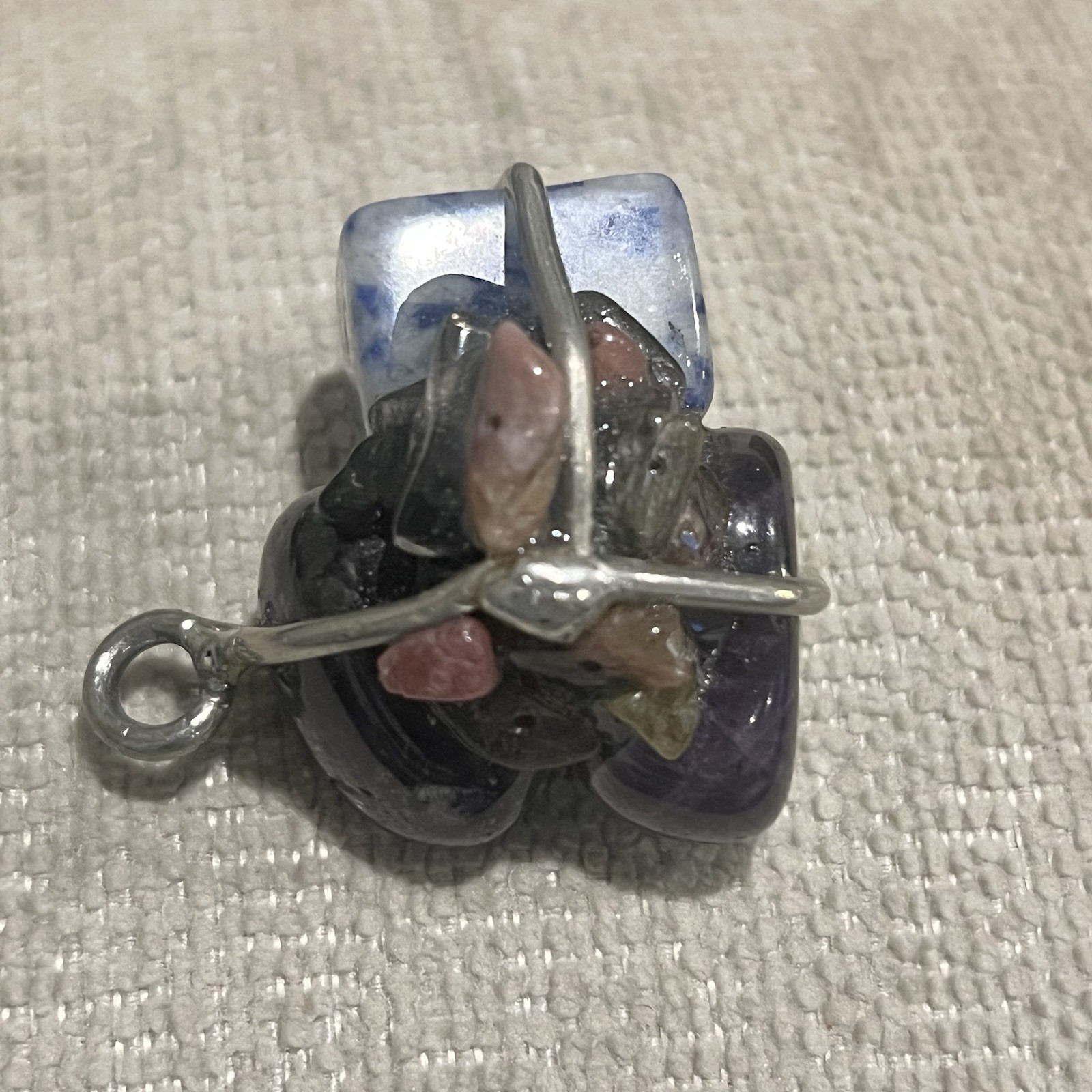 Vintage Sterling Silver Multi Natural Gemstone Healing Handmade Cluster Pendant