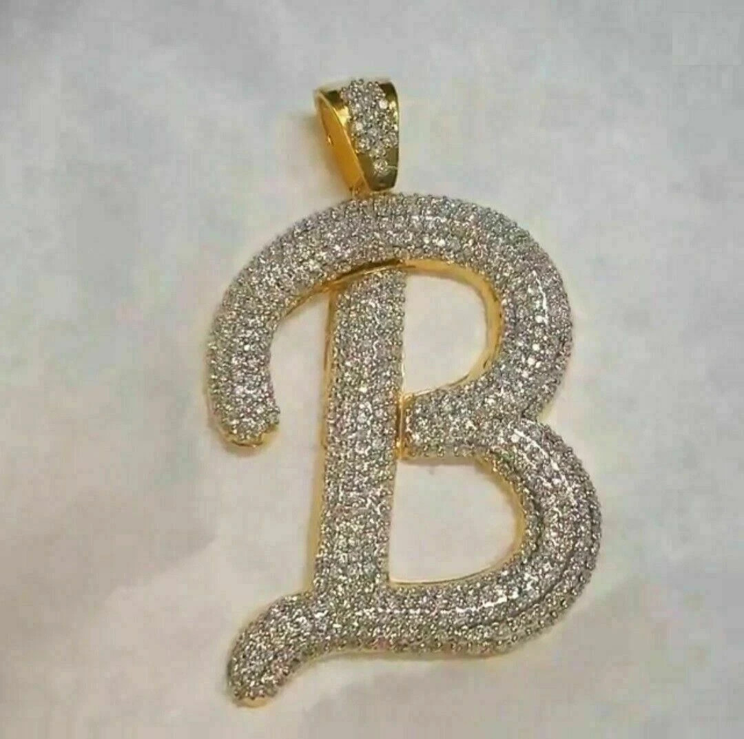 3Ct Round Moissanite Custom Letter “B” Charm Pendant Real 10K Yellow Gold