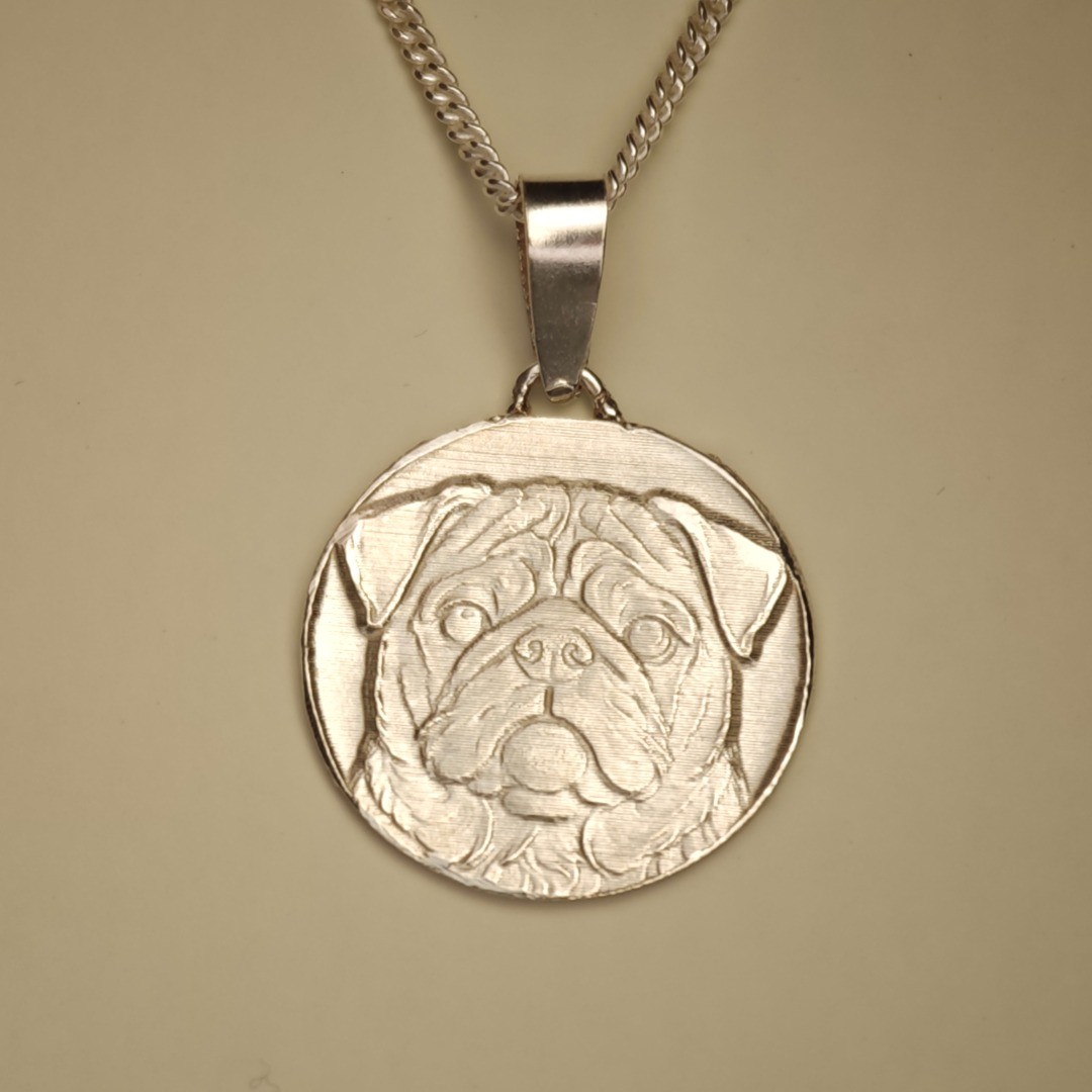 Pug Dog Necklace Sterling Silver Engraved Pet Lover Gift Handmade UK Personalise