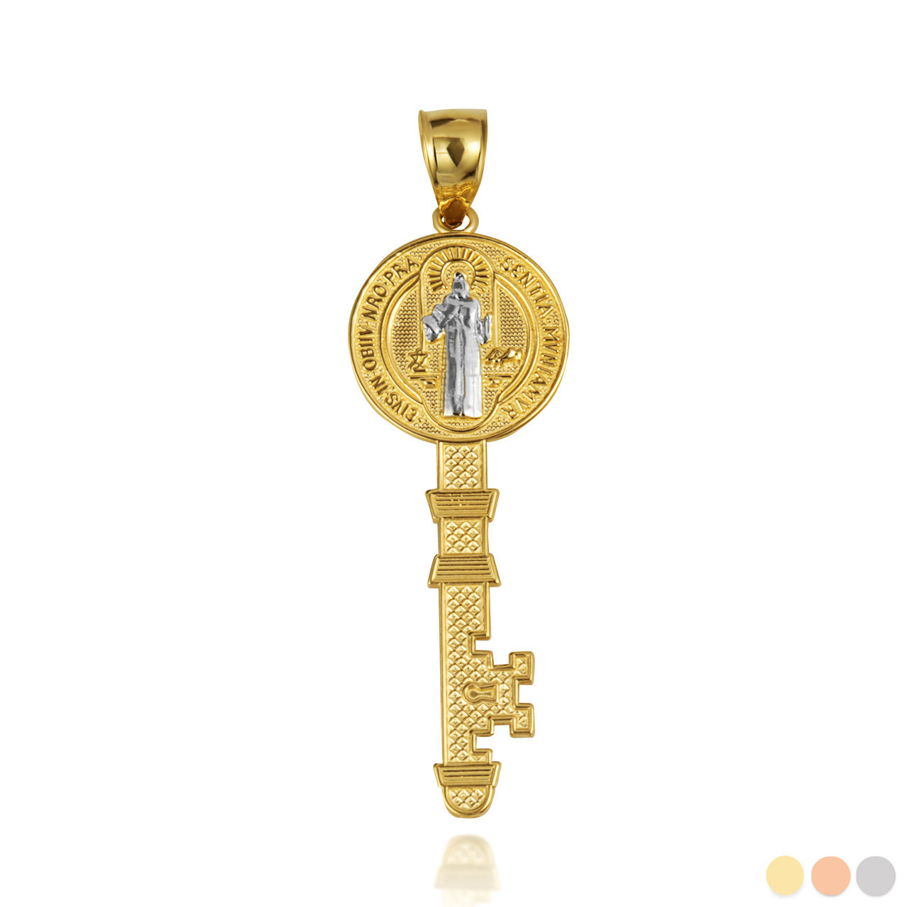 Two-Tone Gold Saint Benedict Medal Key Pendant Necklace (S/L)(Yellow/Rose/White)