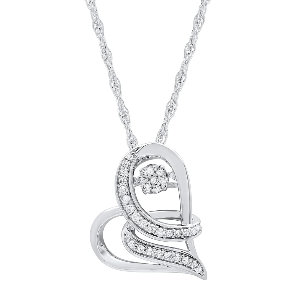 925 Sterling Silver Natural Diamond Love Wrapped Dancing Heart Pendant Necklace