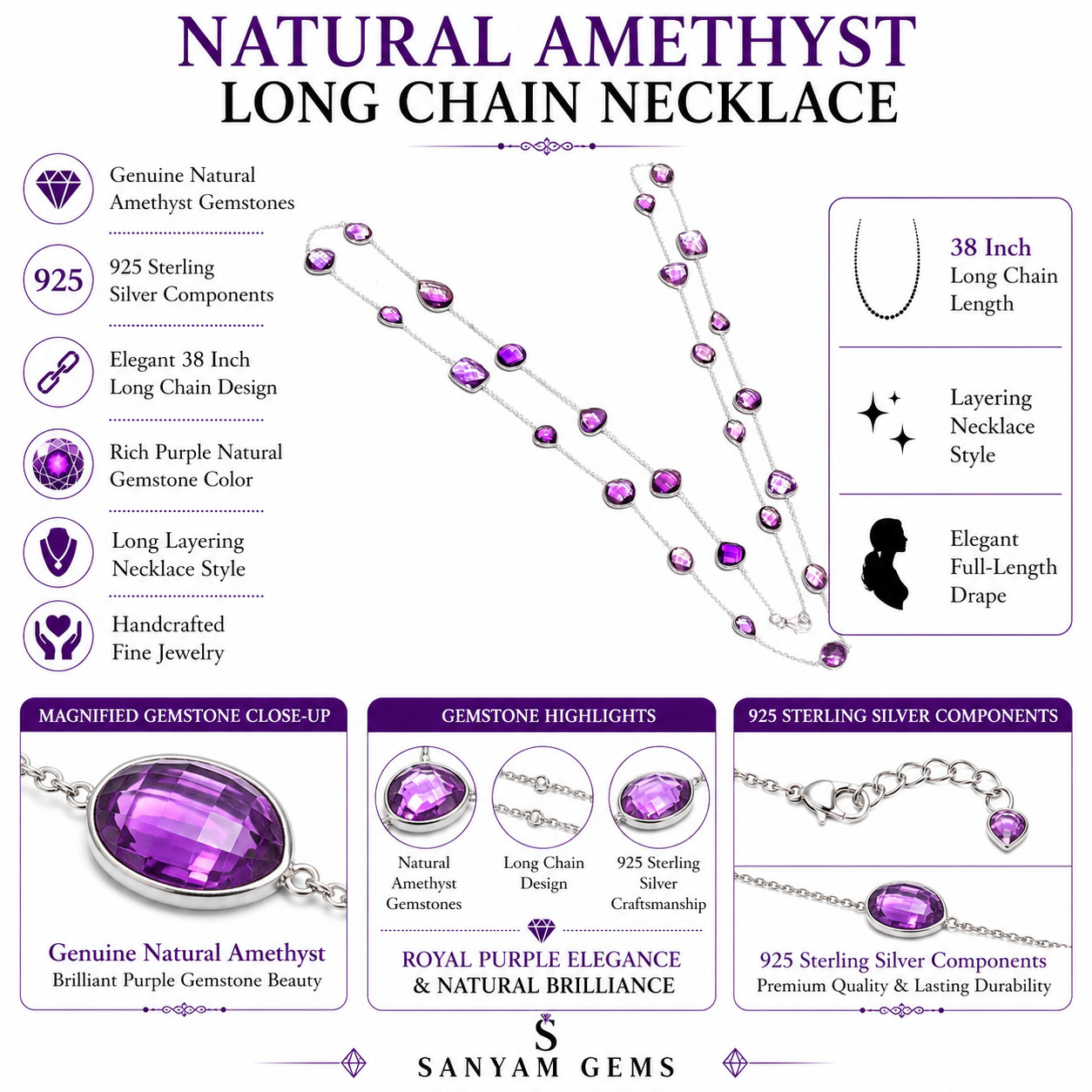98.95ct Natural Amethyst Station Necklace 925 Sterling Silver Long Chain 38″