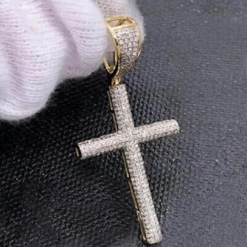 1.50Ct Round Cut Moissanite Cross Men’s Pendant 14k Yellow Gold Plated Silver