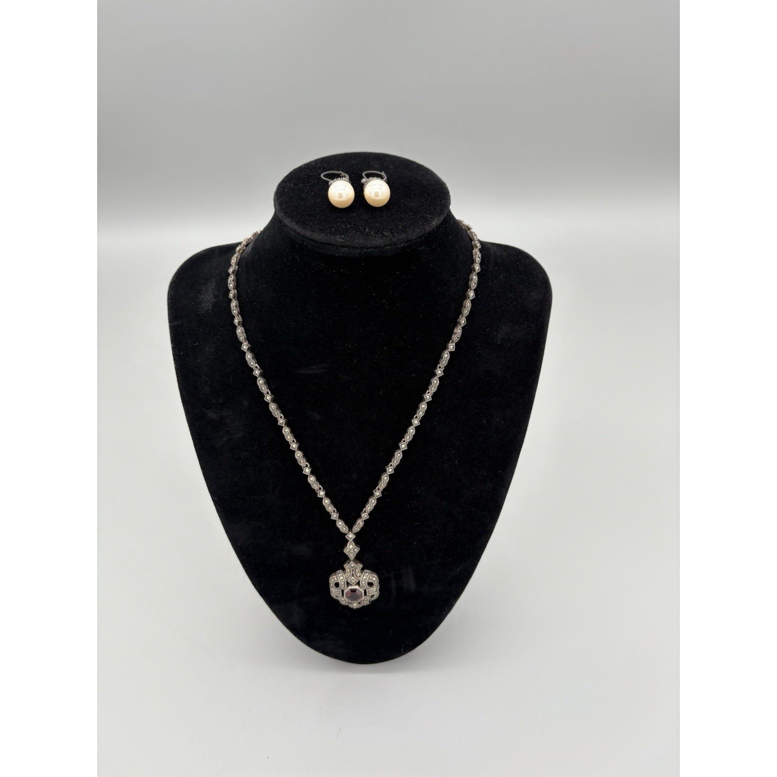 Judith Jack Marcasite sterling silver Necklace & SS Faux Pearl Earrings 30g 9″