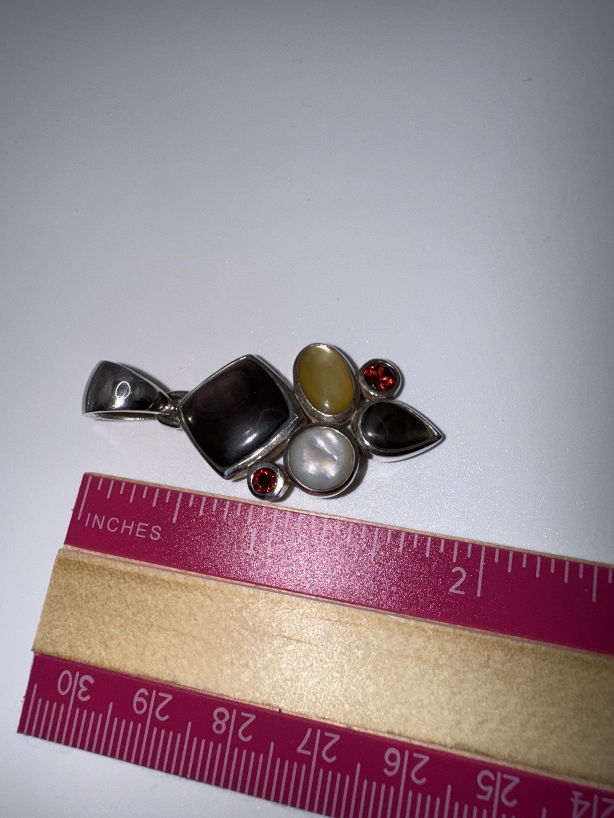 Sterling Silver Multi Gemstone Pendant MOP Cat’s Eye Quartz Garnet Thailand Boho