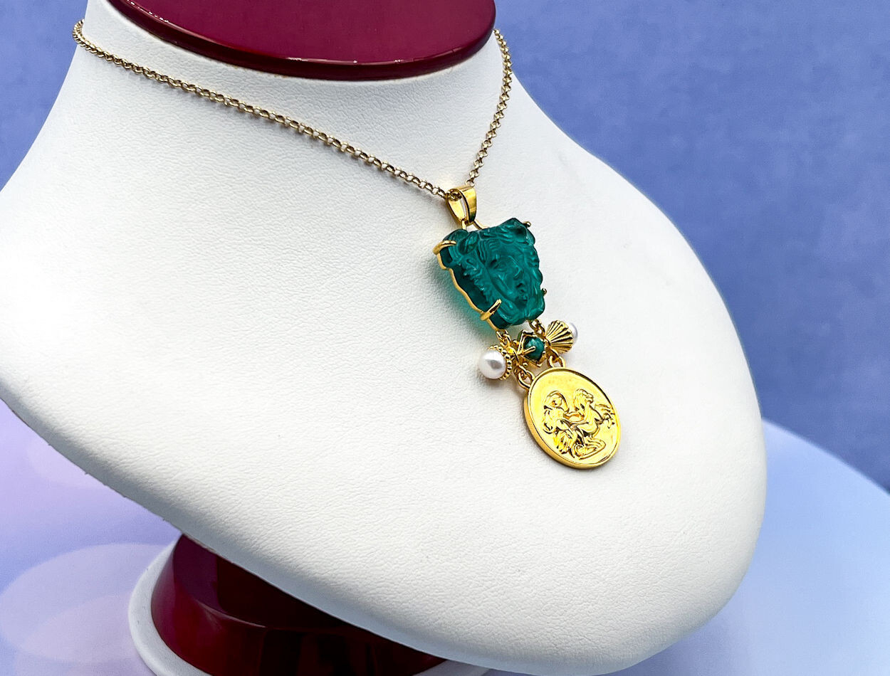 TAGLIAMONTE (2179P) 925SS/YGP Venetian Cameo Pendant *Malachite, Pearls*Reg.$200
