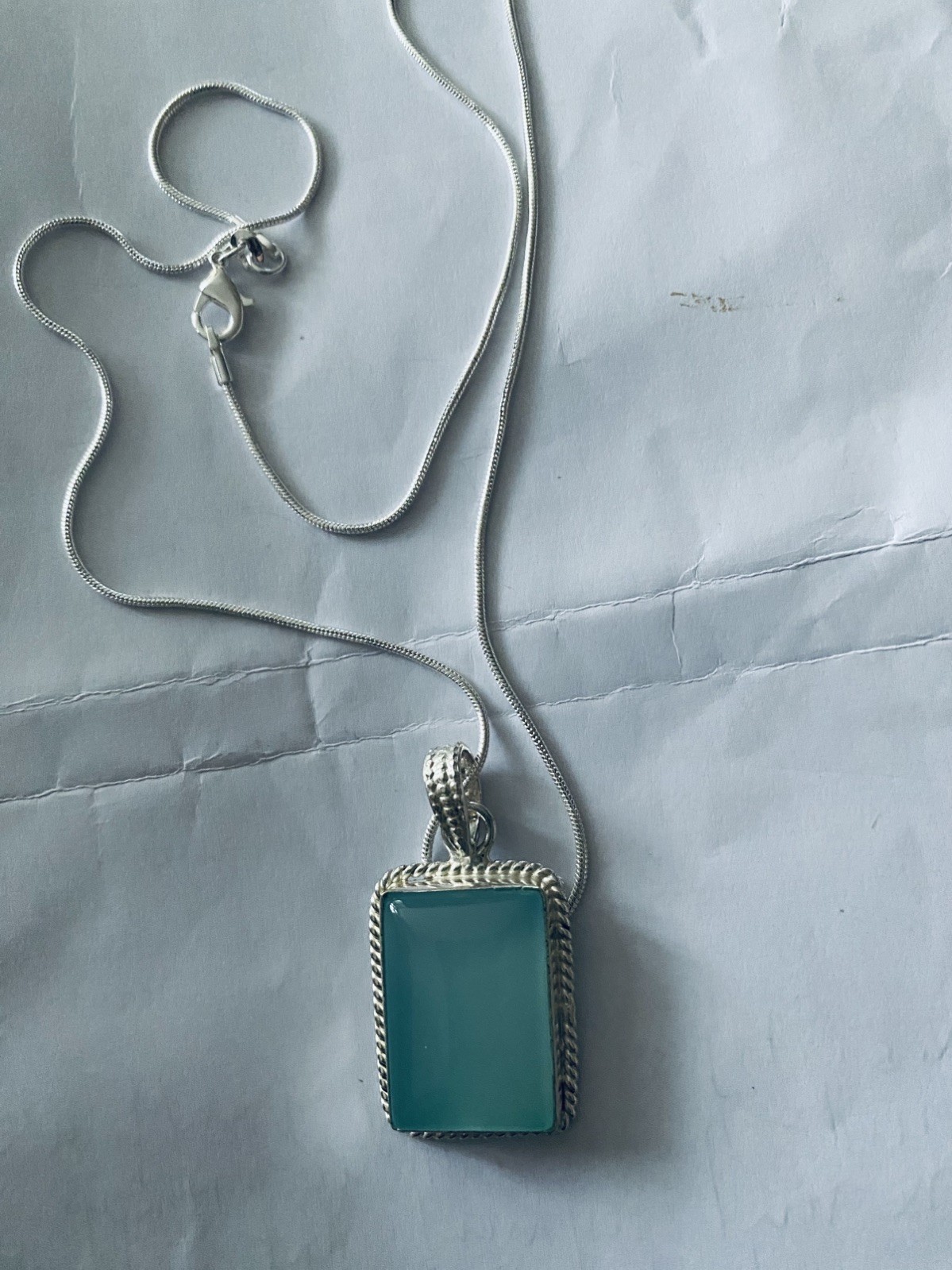 Vintage big Aqua Chalcedony Pendant 925 Silver 20”chain.4×2.5cm UK Seller VGC