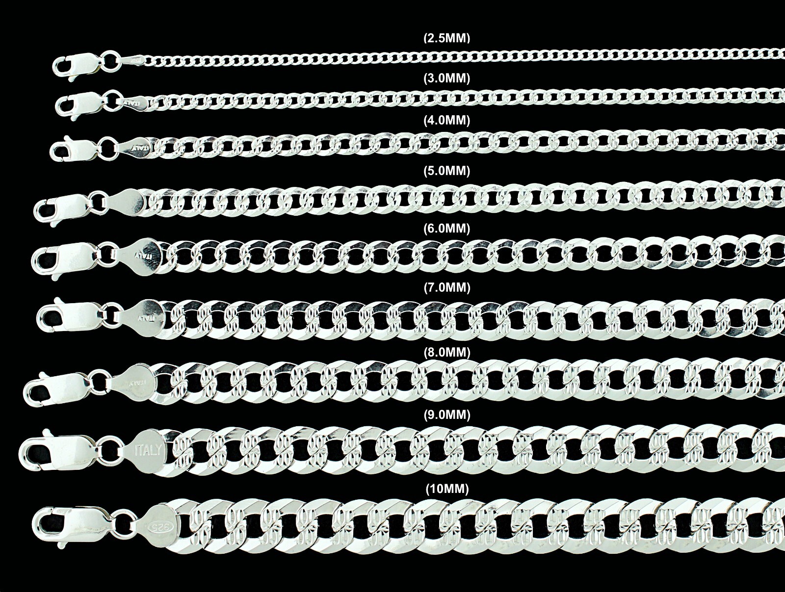 10MM 925 SOLID Sterling Silver DIAMOND CUT Cuban Curb Chain Necklace or Bracelet