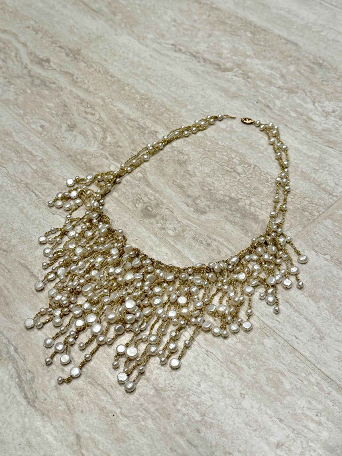 VTG 14K Yellow Gold Waterfall Bib Necklace Pink Cream Pearl Waterfall Chain