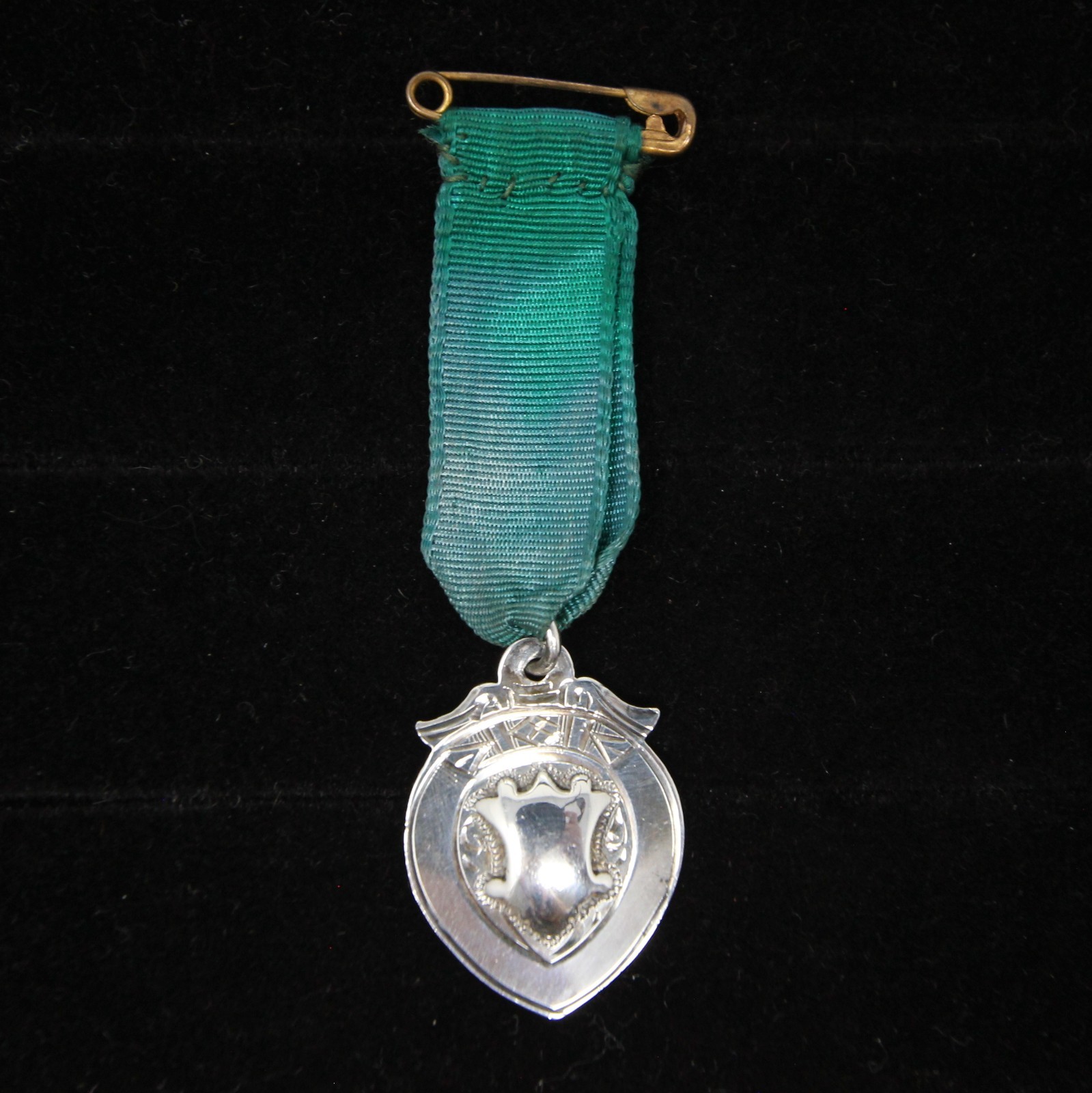 Antique HM Solid Sterling Silver Shield Watch Fob Medal Pendant on Ribbon Brooch