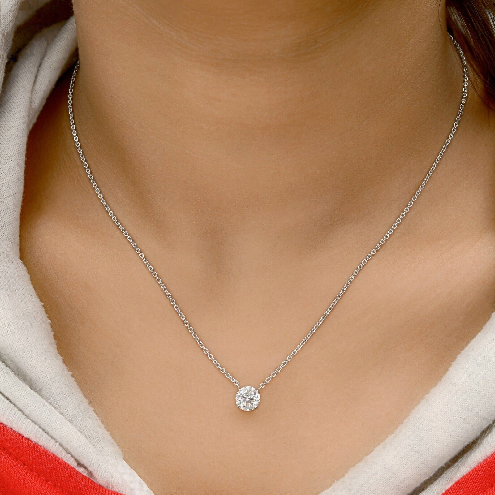 1.22 Ct Round Solitaire Lab Grown CVD Diamond Pendant 14k White Gold Necklace
