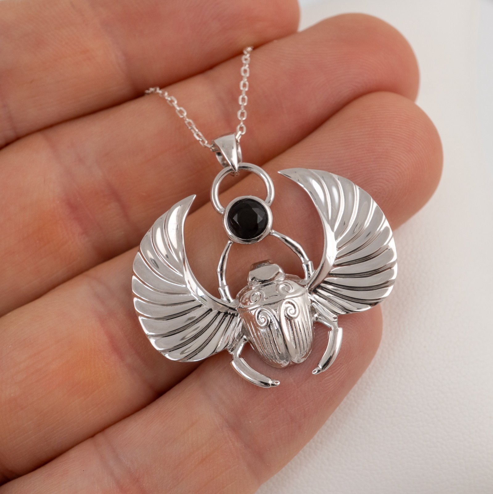 Scarab Necklace Sterling Silver Winged Scarab Black Onyx Egyptian Hallmarked