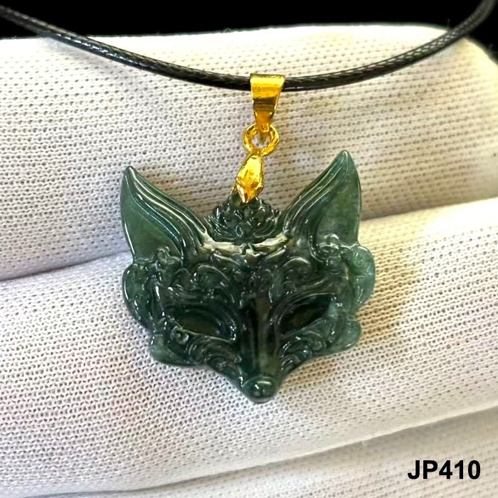 Natural Green Jade Jadeite Carved ‘FOX MASK’ Pendants Charms, Free Necklace