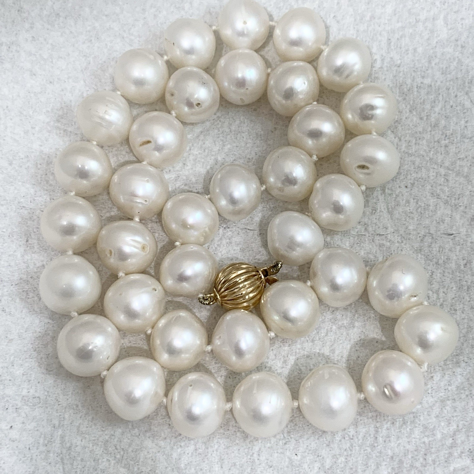BIG Pearl Necklace 11mm 14k Yellow Gold 62.33gr White SouthSea style FIC 16” WOW