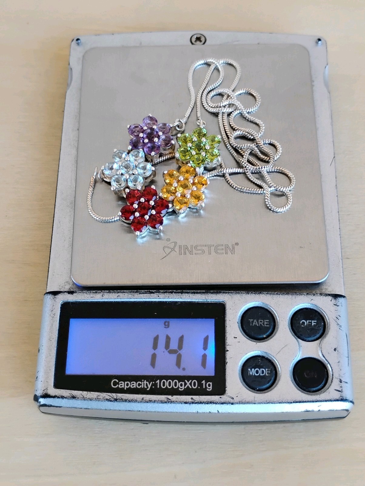 Thai Sterling Silver 925 Multi-Gem Floral Necklace Garnet Amethyst Topaz 20.5″