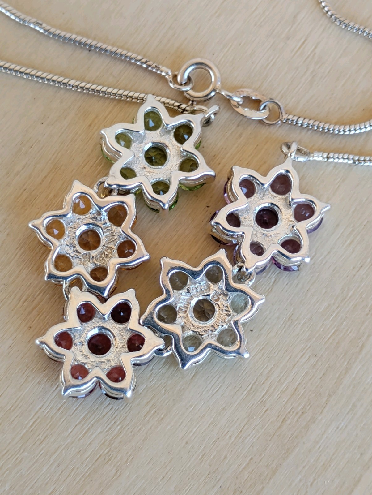 Thai Sterling Silver 925 Multi-Gem Floral Necklace Garnet Amethyst Topaz 20.5″