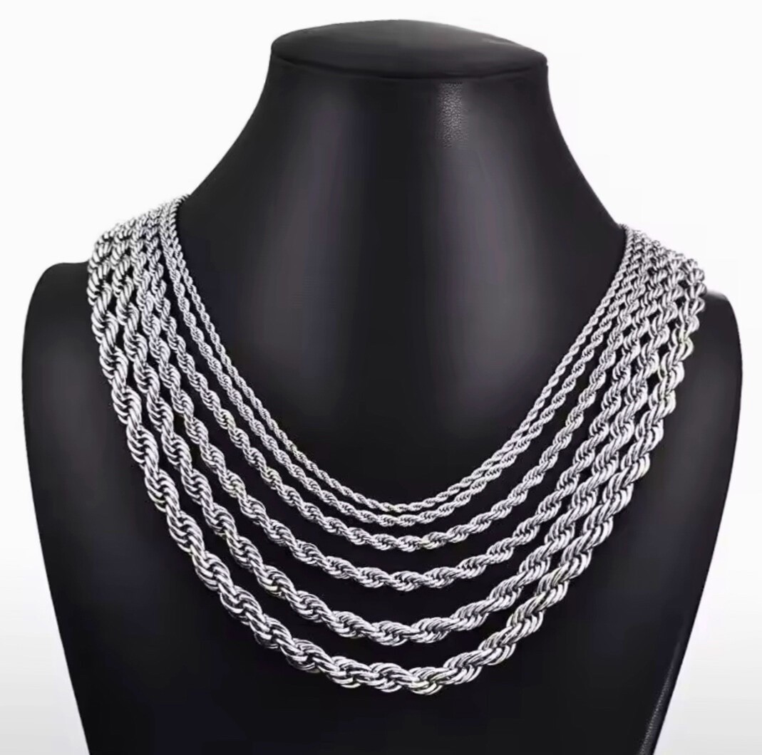 Mens Silver Rope Chain Necklace Stainless Steel Lobster Clasp 2–4mm Link