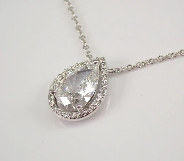 3 Ct Pear Cut Real Moissanite Halo Teardrop Pendant 14K White Gold Plated Silver