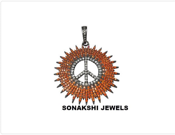 Pave Diamond Peace Sign Pendant: Orange Cubic Zircon, Sterling Silver Pendant