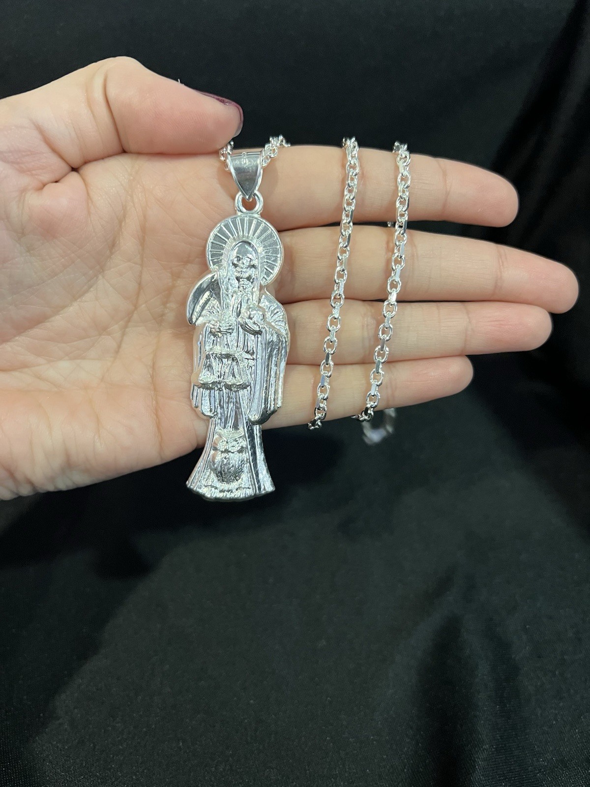 925 Sterling Silver Men Lady Santa Muerte Big Grim Reaper & Forz Chain 22 26 30