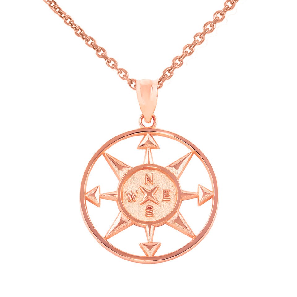 Gold Compass Circle Pendant Necklace (Available in Yellow/Rose/White Gold)