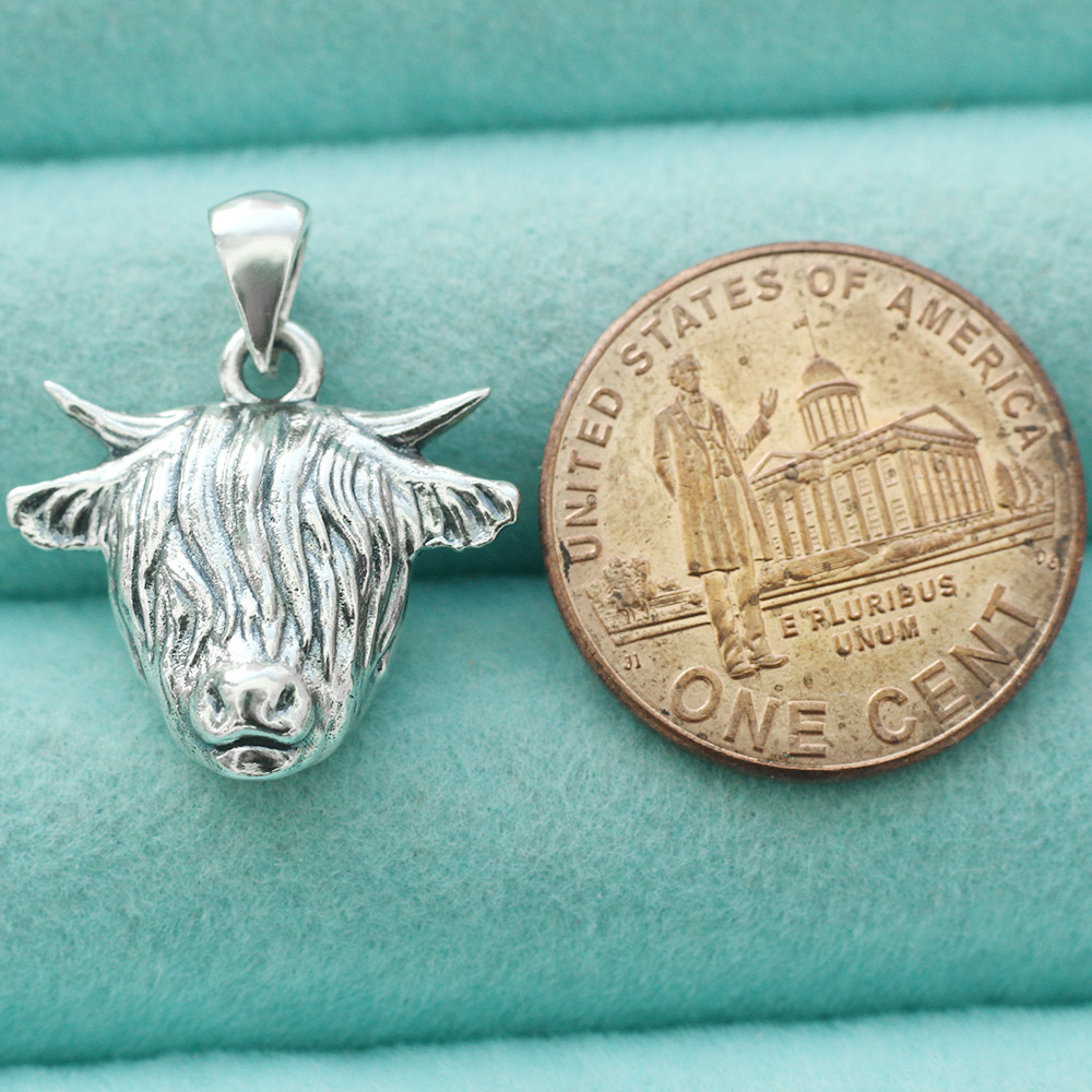 925 Sterling Silver Highland Cattle Cow Pendant Charm Farm Animal For Necklace