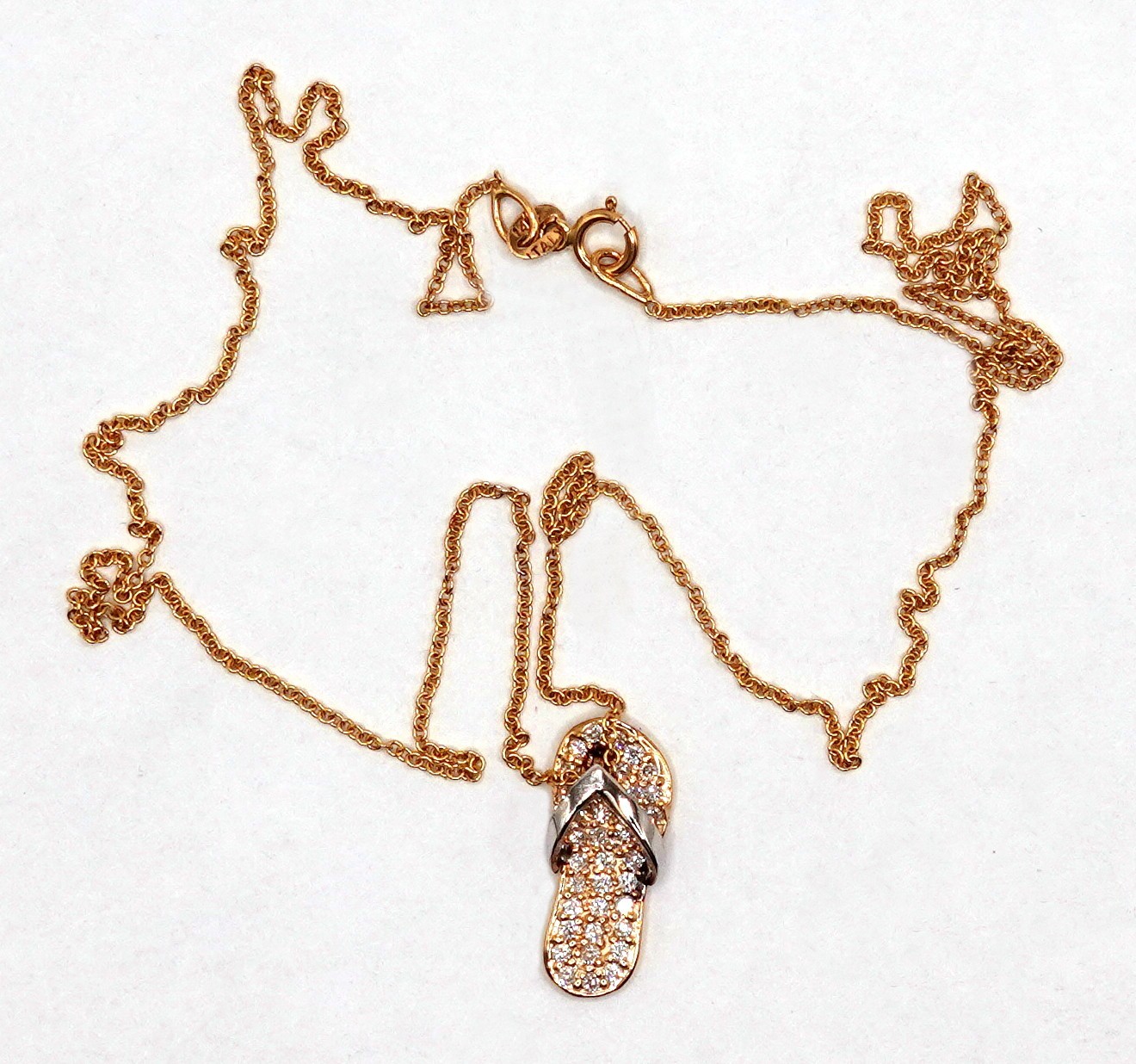 Lady’s petite 14k two tone gold pave diamond sandal flipflop pendant necklace 19