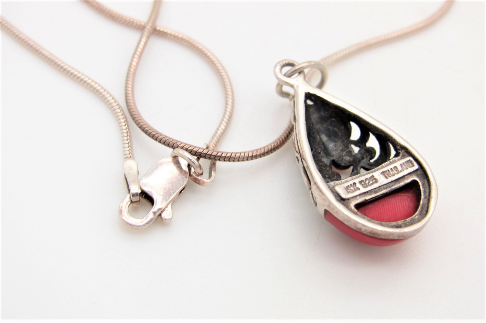 SX Thailand Sterling Egg Pendant Necklace w/Stone Inlay & Accents