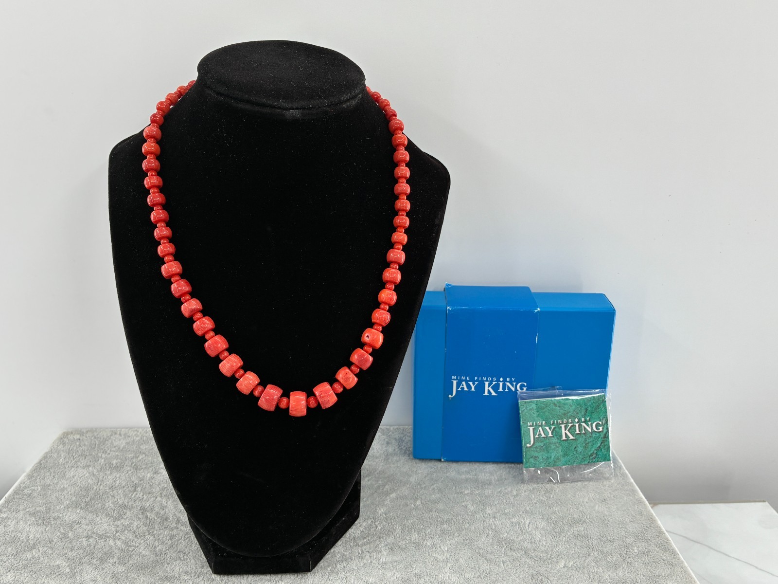 Jay King DTR Red Coral Graduated Barrel Round Bead Necklace Sterling Silver 925