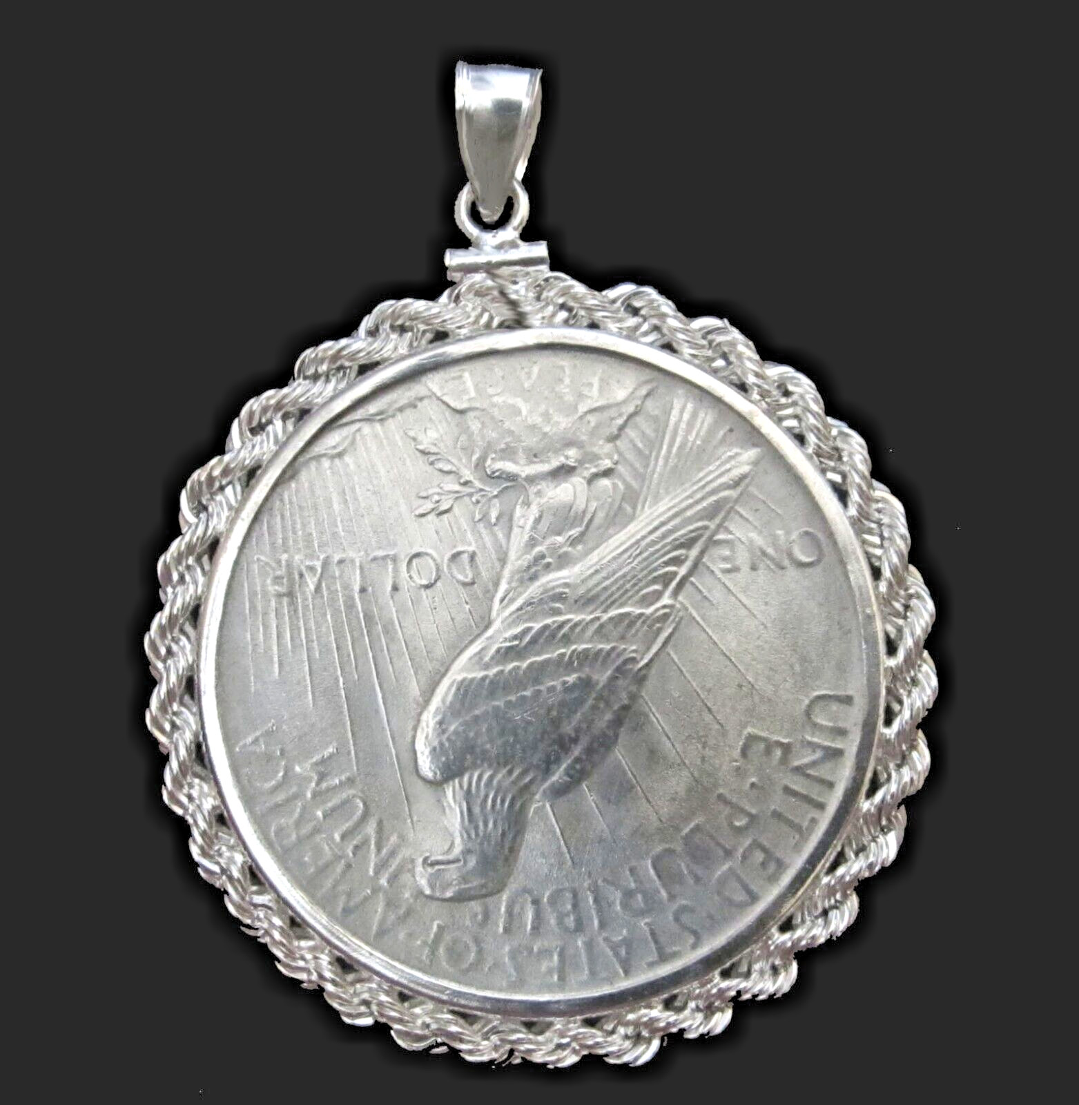 Peace Dollar Pendant 90% Silver AU Coin Sterling Silver Rope Bezel Soldered Bail