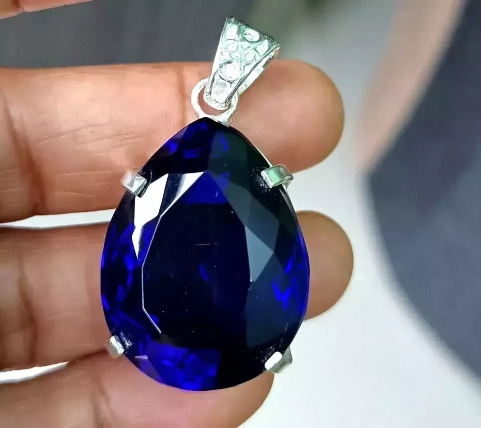 Natural 30 CT Sapphire Blue Pear Cut 925 Silver Certified Wide Gem Pendant