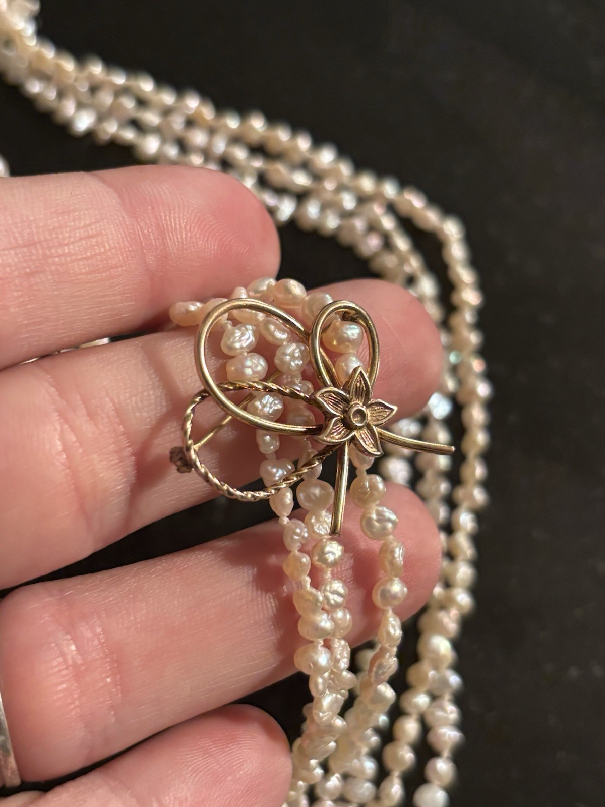 Estate Multi-strand Freshwater Rice Pearl Long Necklace w/Gold Filled Brooch Pin
