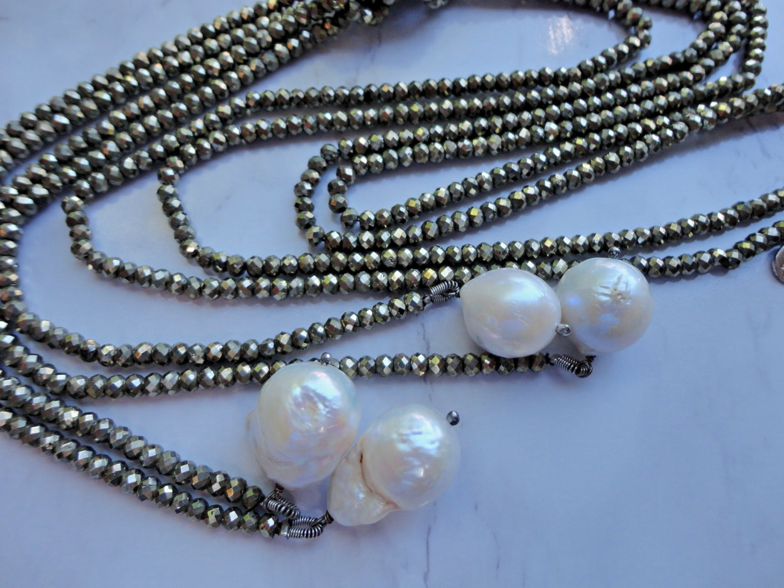 VTG ESTATE 925 INDIA BAROQUE PEARL PYRITE LARIAT BEADED DOUBLE NECKLACE 44″