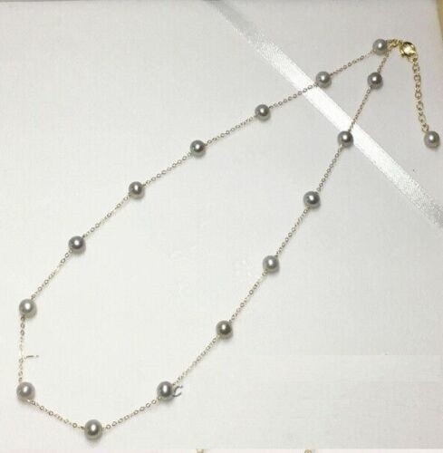 18″ mini AAAA+ real natural 5-6mm gray Akoya round pearl necklace 14k gold