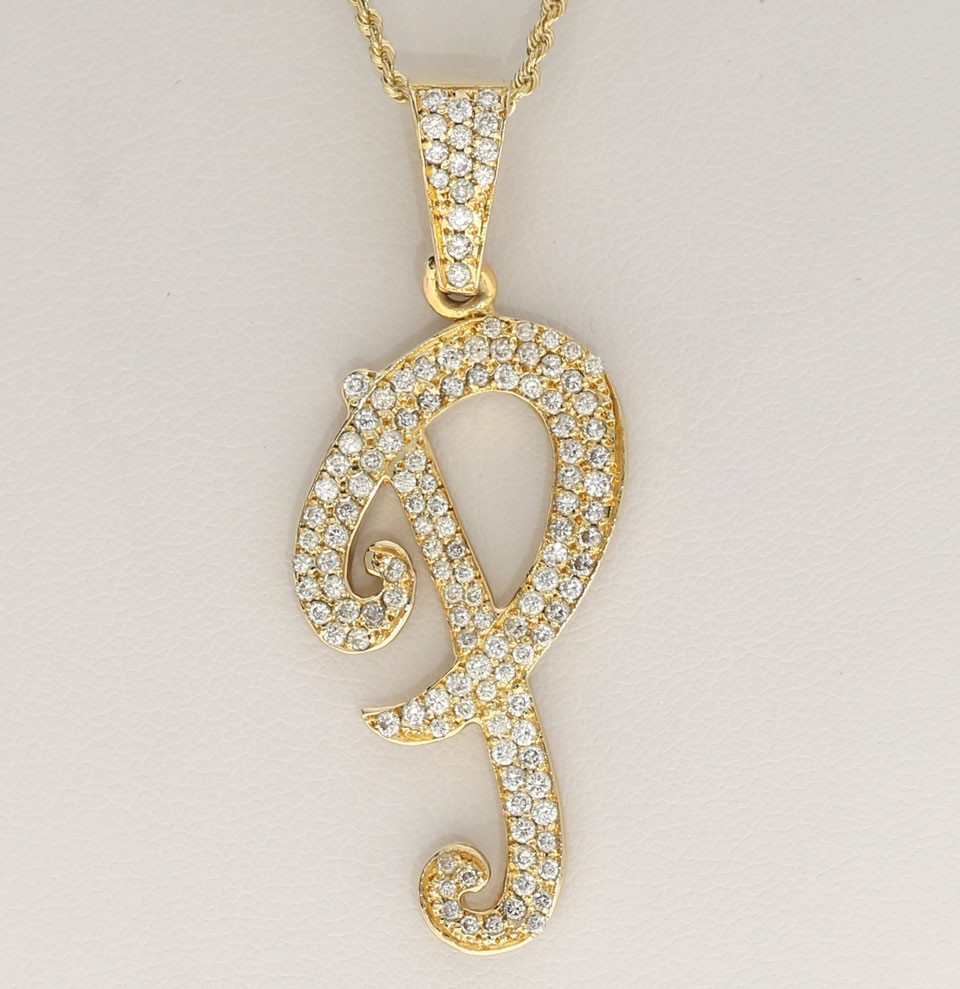 Natural Diamond Large Initial P Pendant Necklace 1.20CT 14K YG 20.5” Chain