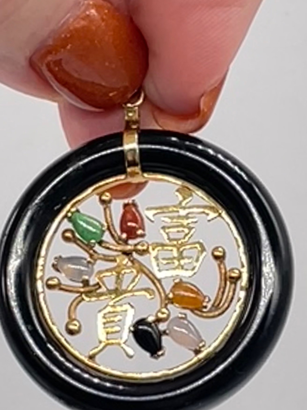 14k Yellow Gold Black JADE Circle / Multicolor JADE Pendant–1-1/2″ Diameter